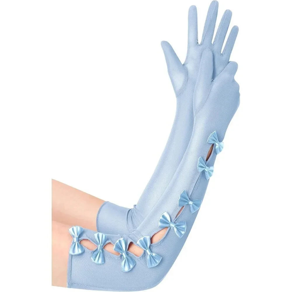 Women's Princess Light Blue Long Sleeves Gloves Bow Lace Mesh Tulle Party Prom